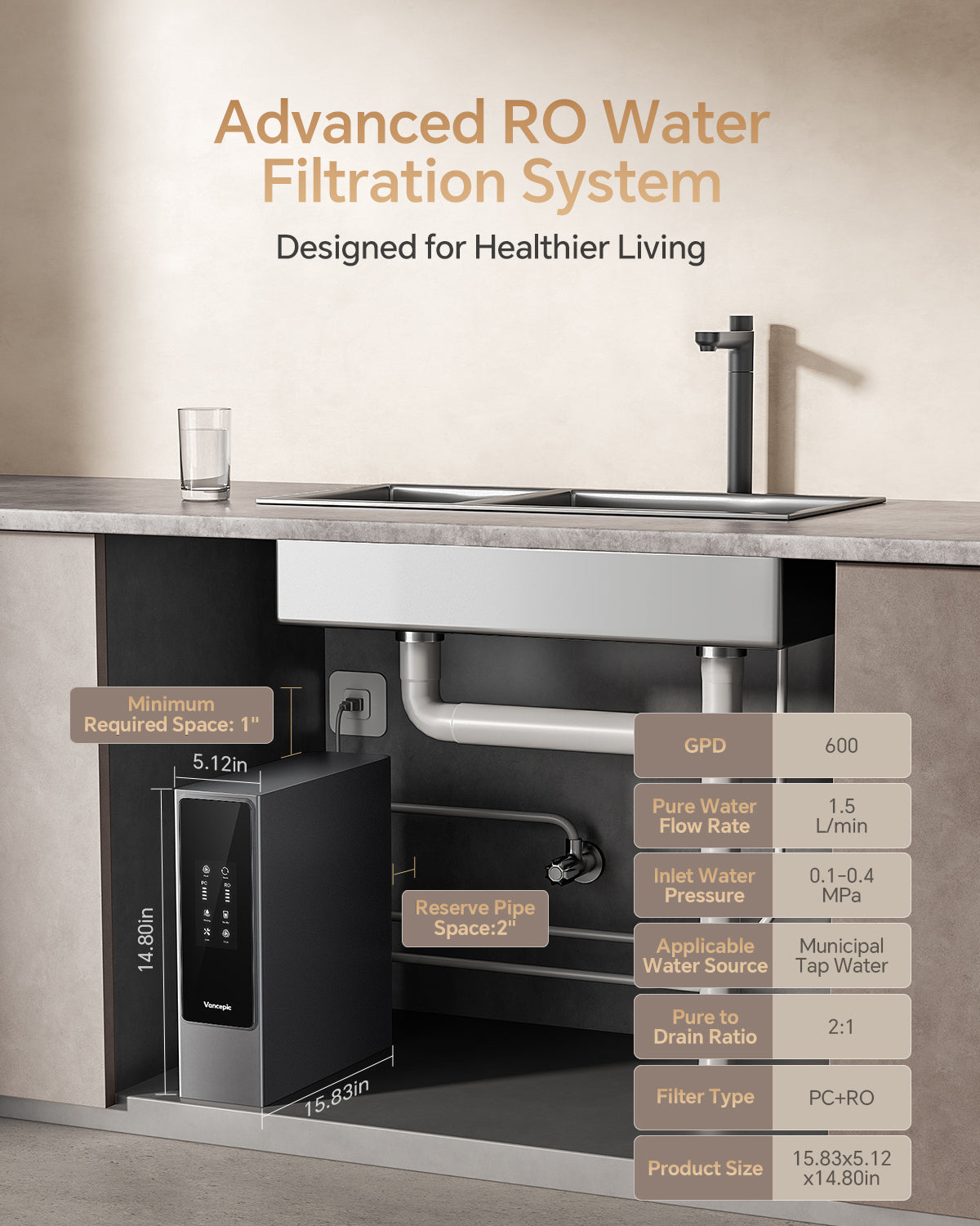 Vancepic Under Sink Reverse Osmosis Water Filter System 600GPD
