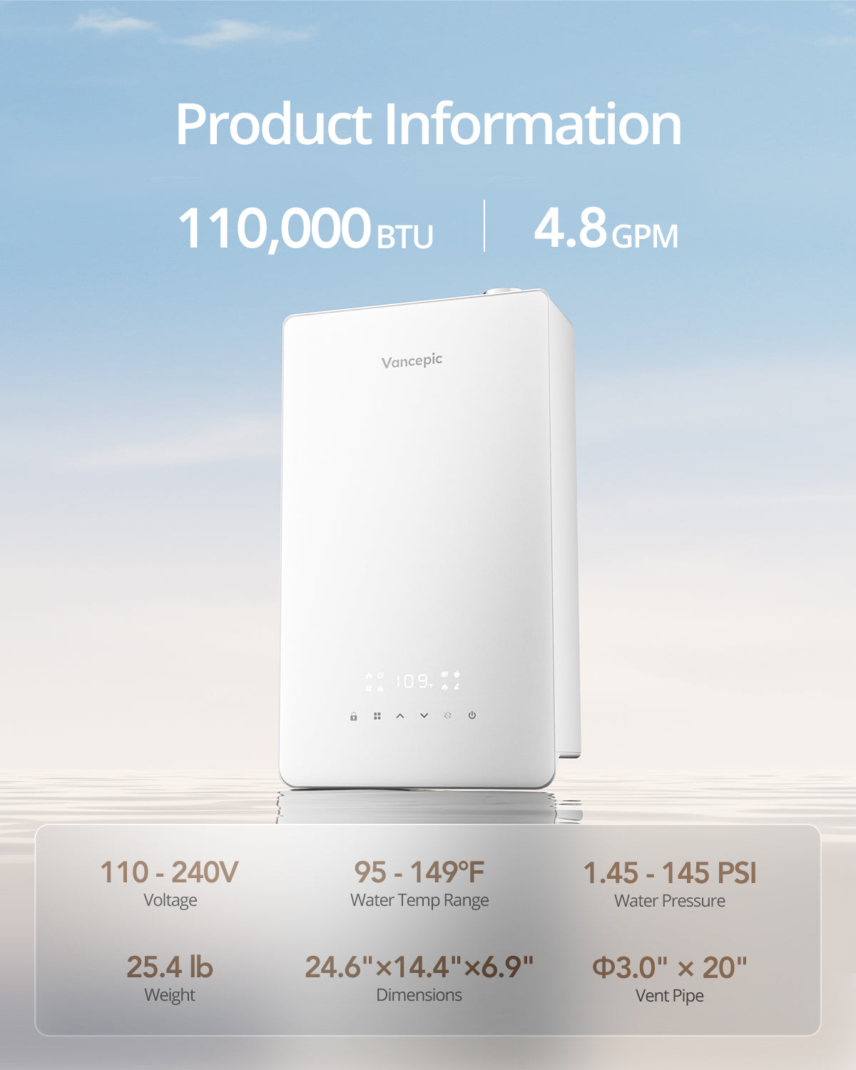 Vancepic Natural Gas Tankless Water Heater Indoor 4.8 GPM 11,000 BTU