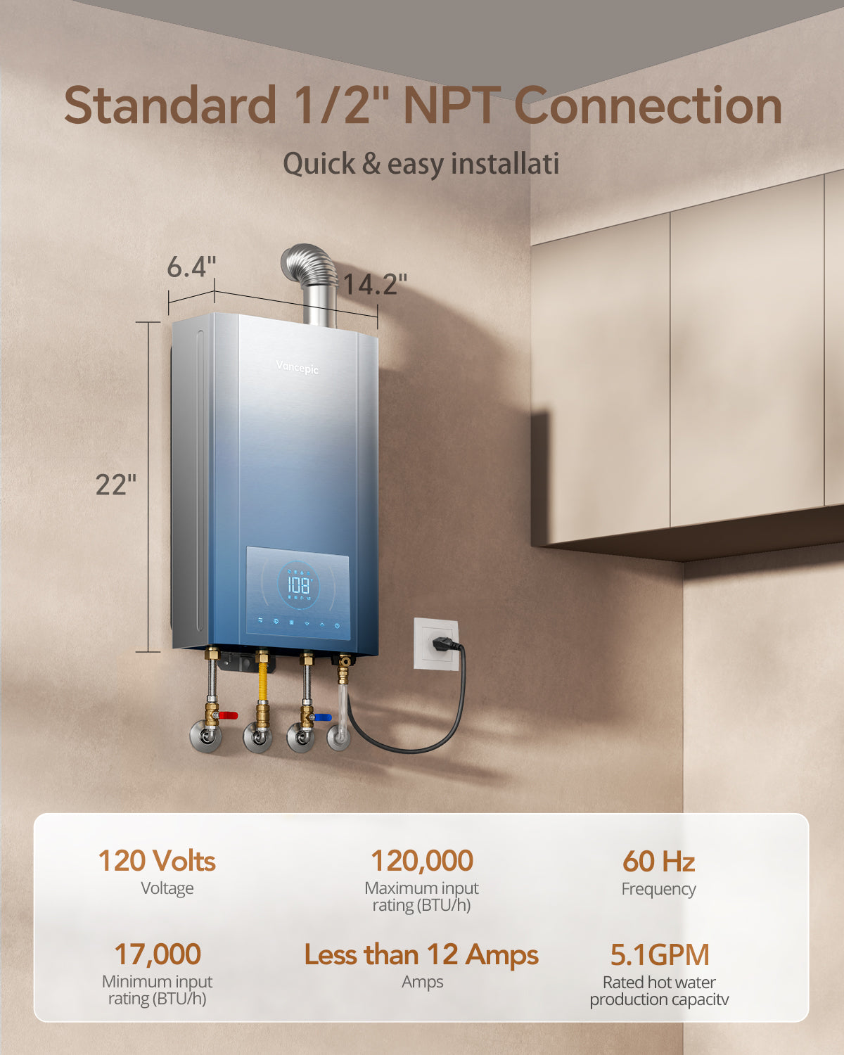Vancepic 5.1 GPM Condensing Natural Gas Tankless Water Heater 120,000 BTU